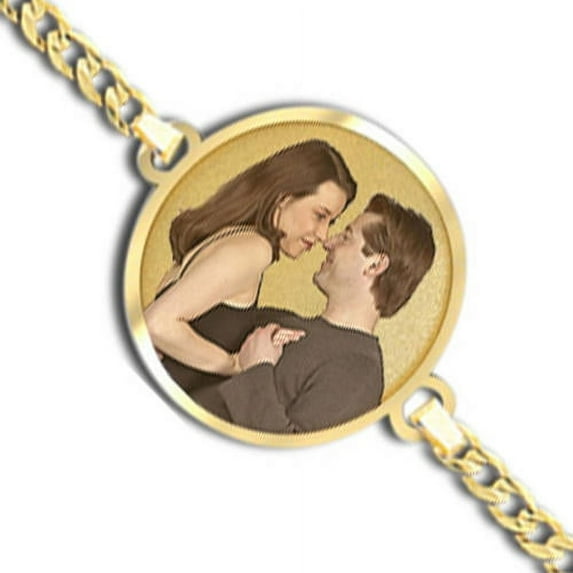 Round Photo Engrave Bracelet W/ Curb Chain - 14k White Gold - 7 Inch