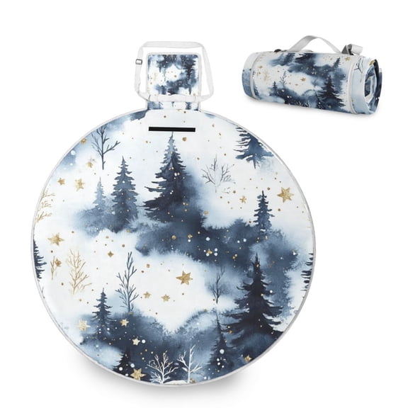 Round Picnic Mat Outdoor Foldable Beach Mat with moisture-proof and Anti-Slip Design for Outdoor, Camping and Yoga Watercolor Winter Wonderland Pattern