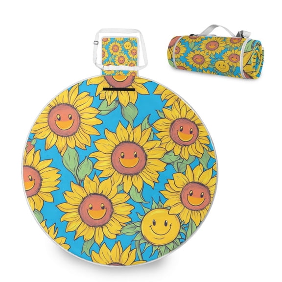 Round Picnic Mat Outdoor Foldable Beach Mat with moisture-proof and Anti-Slip Design for Outdoor, Camping and Yoga Yellow Sunflowers with Smiley Faces