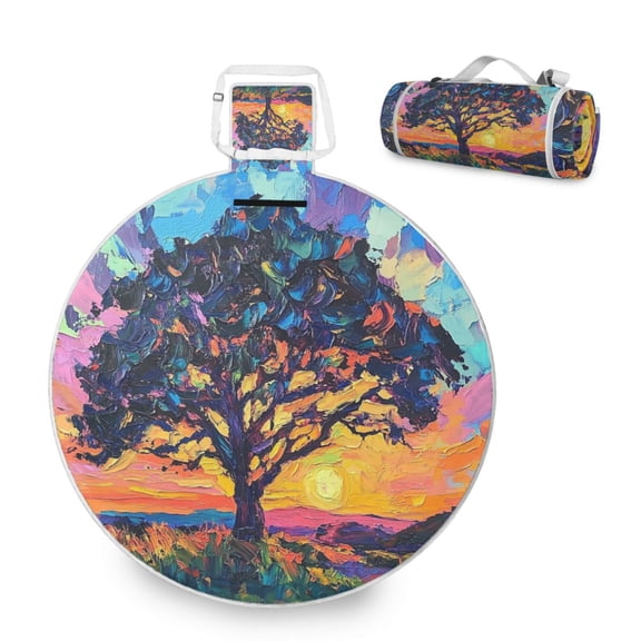 Round Picnic Mat Outdoor Foldable Beach Mat with moisture-proof and Anti-Slip Design for Outdoor, Camping and Yoga An Oak Tree