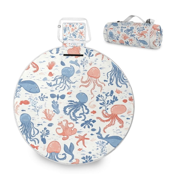 Round Picnic Mat Outdoor Foldable Beach Mat with moisture-proof and Anti-Slip Design for Outdoor, Camping and Yoga Pastel Colors Sea Creatures