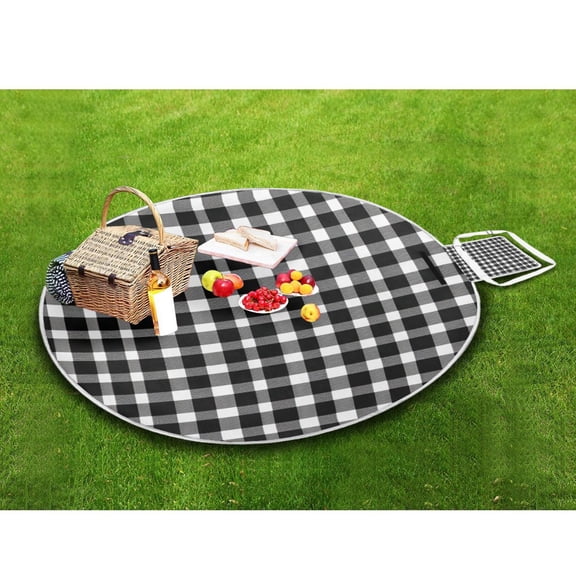 Round Picnic Mat With Anti-Slip Design Waterproof & Portable For Outdoor Camping Hiking Black White Gingham Pattern Vector