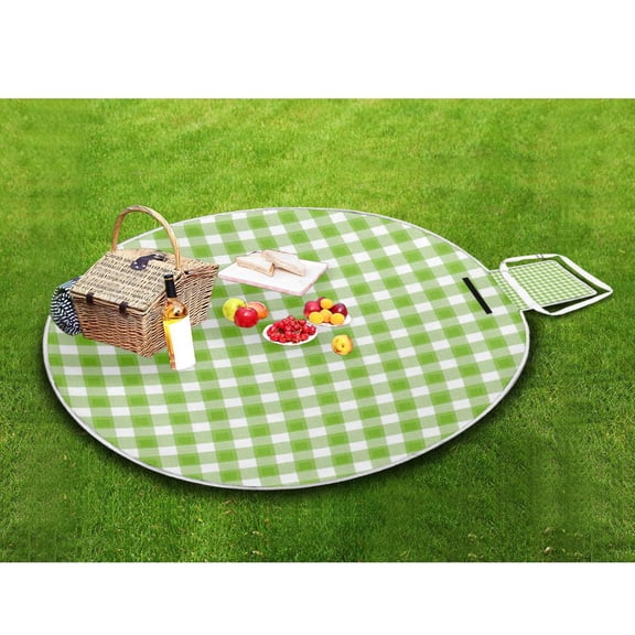 Round Picnic Mat With Anti-Slip Design Waterproof & Portable For Outdoor Camping Hiking Light Green Gingham