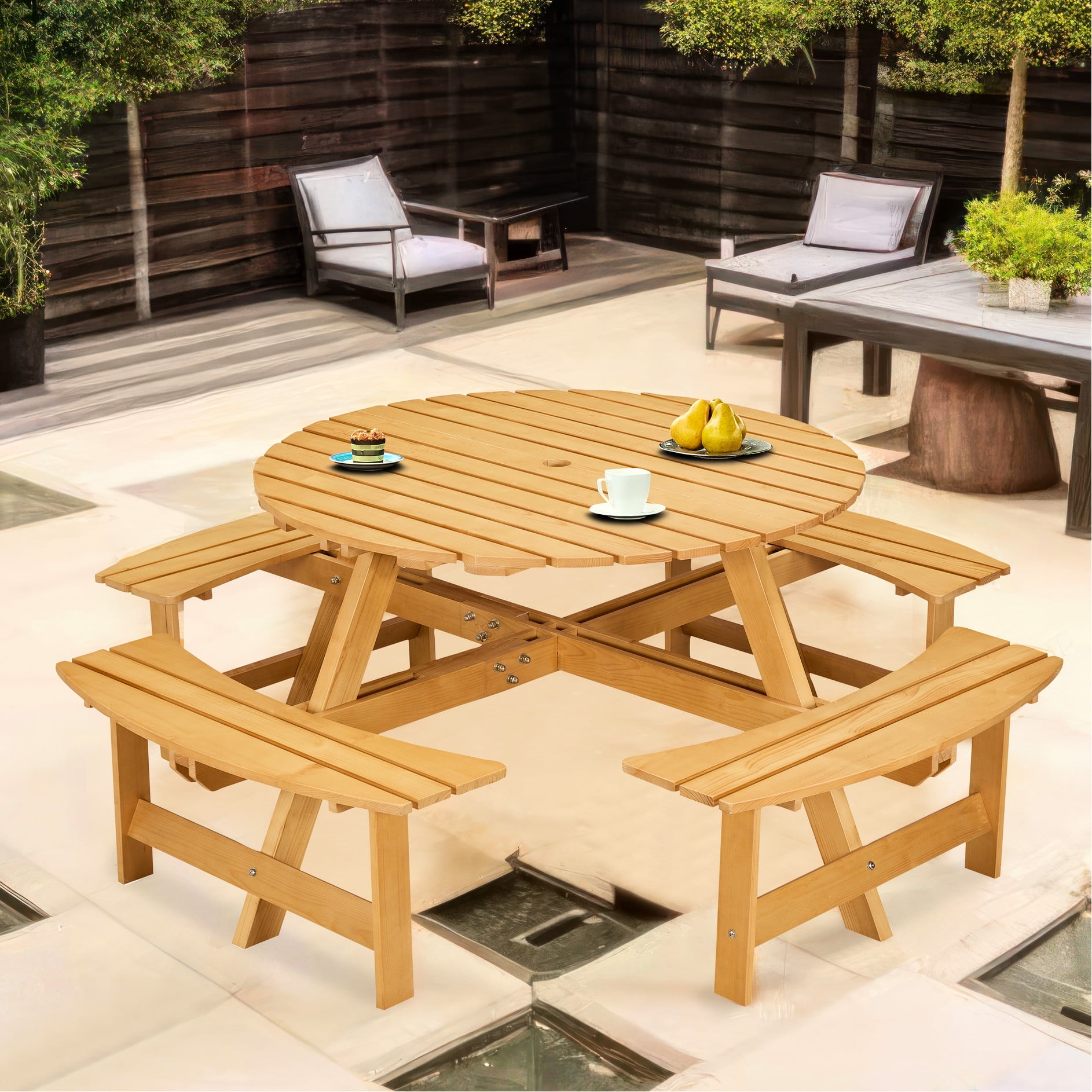 Round Picnic Table With 4 Built-in Benches - Umbrella Hole Material For ...