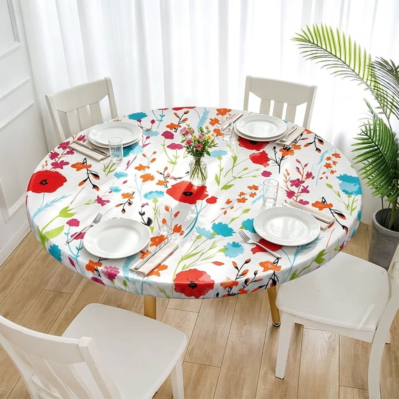 Round Picnic Tablecloth Wipeable Flannel Backed PVC Tablecloth for 36" - 44" Table Waterproof Elastic Fitted Table Cover for Camping Indoor Outdoor
