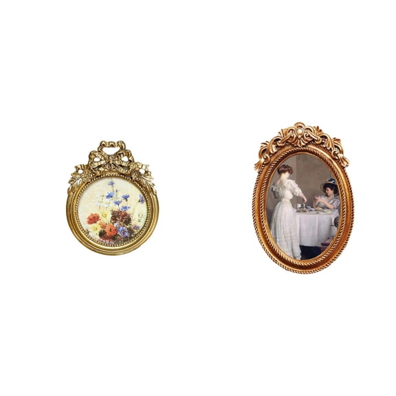 Round Picture Frame Small Vintage Resin Ornate Holder Elegant Tabletop and Wall for Gift Bedroom Office
