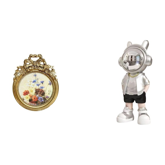 Round Picture Frame Vintage Ornate Figurine Resin Construction for Living Room Desk Decoration