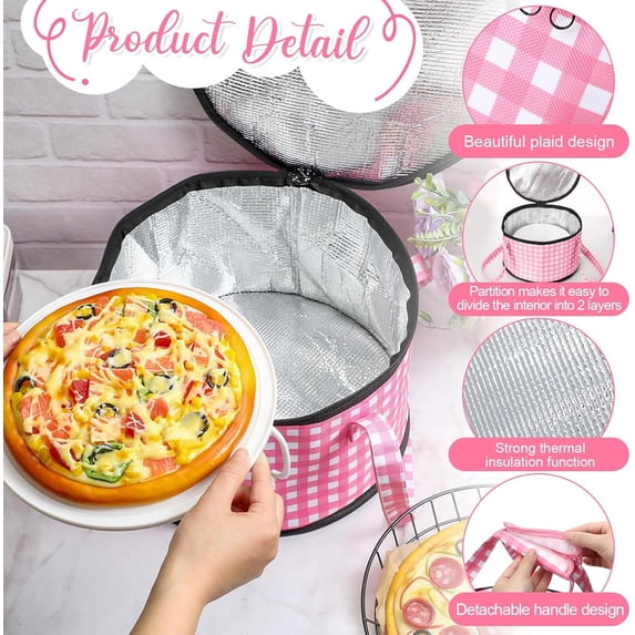 Round Pie Carrier 12 x 7 Inch Insulated Casserole Carriers with Lid and Detachable Handle Cake Carrier for Hot or Cold Food Transport Thanksgiving Christmas Gift(Pink and White Plaid)