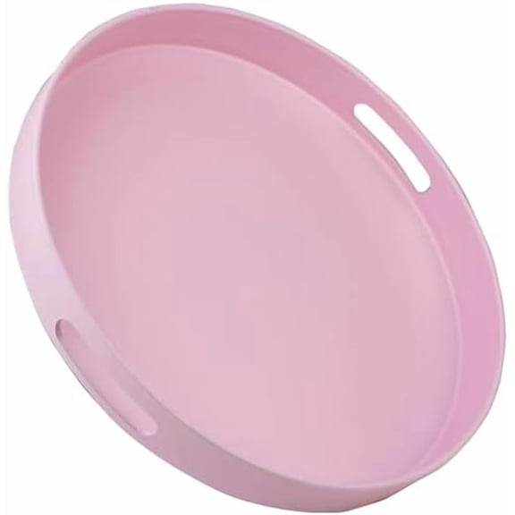 Round Pink Decorative Serving Tray with Handles, 13” Versatile Ottoman Tray for Coffee Table, Entertaining, Outdoor Patio, Living Room