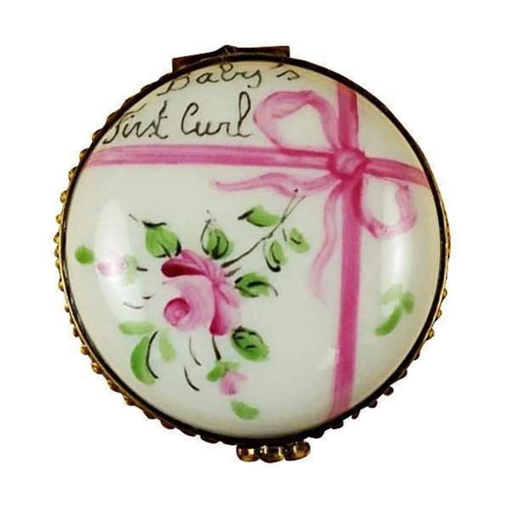 Round Pink First Curl Limoges Box Baby Keepsake Gift Limoges Box Porcelain Figurine