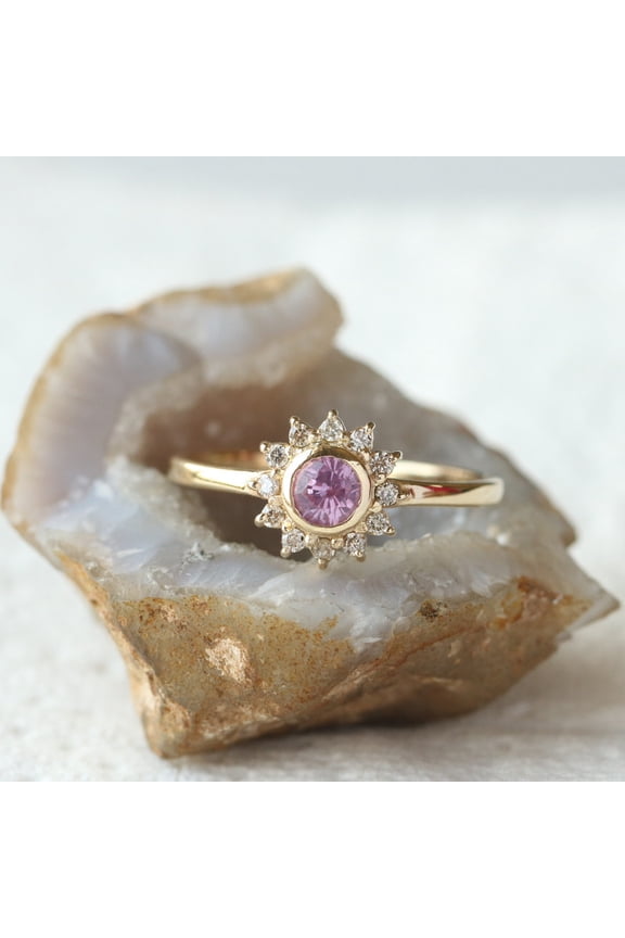 Round Pink Sapphire Halo Ring, 925 Sterling Silver Floral Ring, Minimalist Ring Anniversary Ring. Gift For Her Bezel Setting.