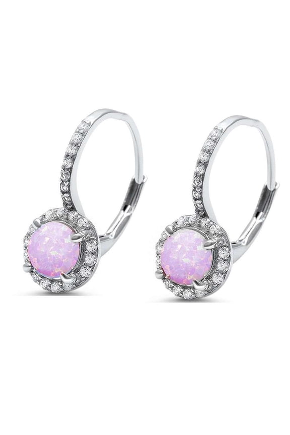 Round Pink Simulated Opal Cubic Zirconia Leverback Earrings Sterling Silver