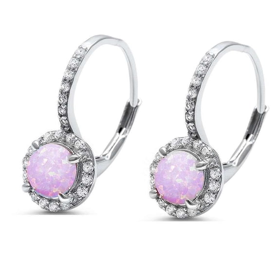 Round Pink Simulated Opal Cubic Zirconia Leverback Earrings Sterling Silver