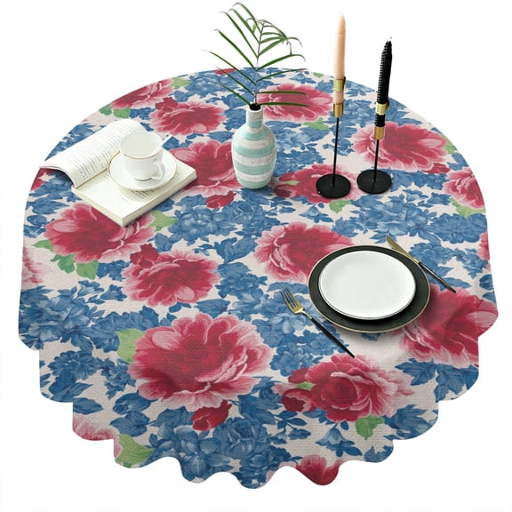 Round Pioneer Pink Blue Rose Tablecloth -Linen Fabric Table Cloth - Washable Reusable Table Cover with Dust-Proof Wrinkle Resistant for Restaurant, Picnic, Indoor and Outdoor Dining 60 Inch X 60 Inch
