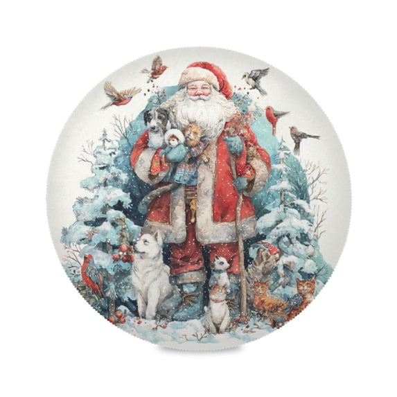 Round Placemat Heat Resistant & Wrinkle-Free Dining Table Decor Placemat For Home & Weddings Santa Claus with Dogs