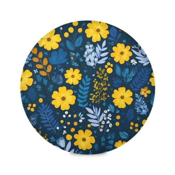 Round Placemat Heat Resistant & Wrinkle-Free Dining Table Decor Placemat For Home & Weddings Yellow Flowers with Blue Leaves