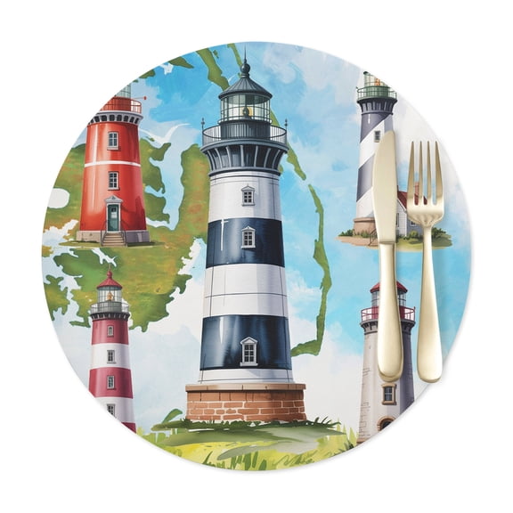 Round Placemat Set of 1,Summer Coastal Nautical Lighthouse Waterproof Dining Table Mats Washable Place Mat Ocean Beach Theme PU Table Placemats for Kitchen Coffee Decor,12in