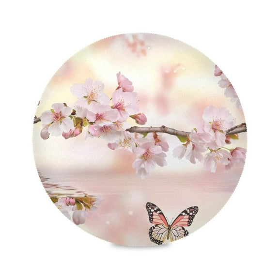 Round Placemat Set 15.4 Inch Diameter Table Mats Heat-Resistant Decorative for Dining Tables Beautiful Cherry and Butterflies