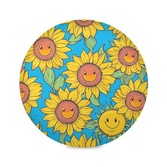 Round Placemat Set 15.4 Inch Diameter Table Mats Heat-Resistant Decorative for Dining Tables Yellow Sunflowers with Smiley Faces