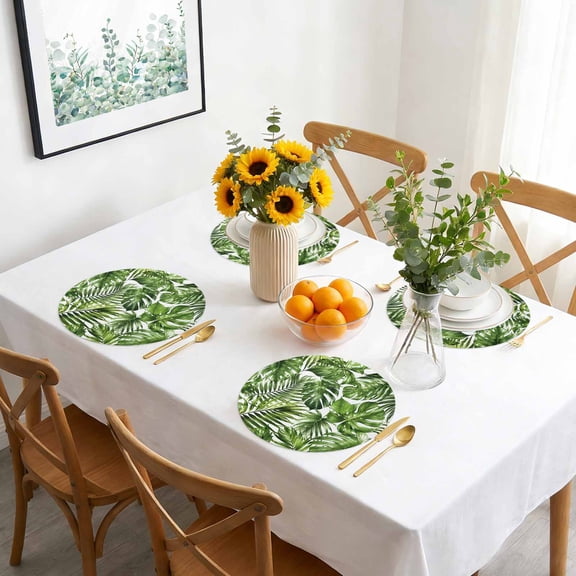 Round Placemat Set of 4,Summer Monstera Palm Leaf Seamless Waterproof Dining Table Mats Washable Place Mat Tropical Green Botanical PU Table Placemats for Kitchen Coffee Decor,15in