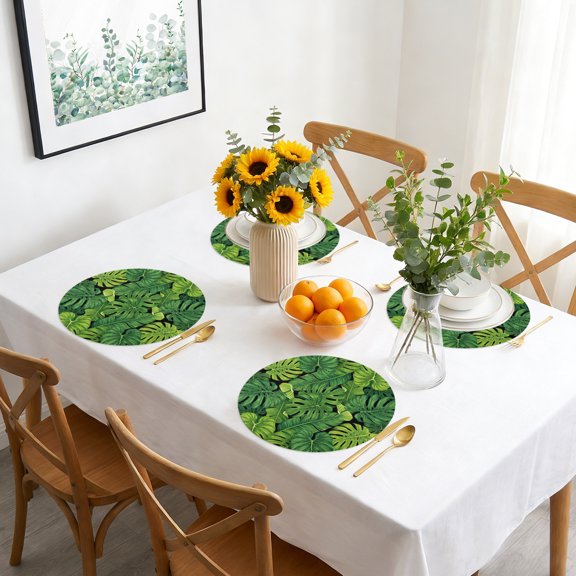 Round Placemat Set of 4,Summer Monstera Palm Leaf Waterproof Dining Table Mats Washable Place Mat Green Tropical Botanical on Black PU Table Placemats for Kitchen Coffee Decor,15in
