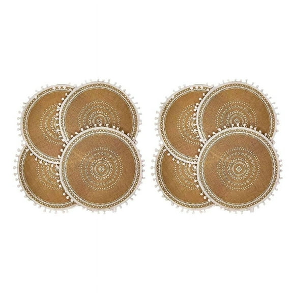 Round Placemats 8,Boho Woven Table Mats with Pompom for Dining Room Kitchen Table Decor(White Ball)