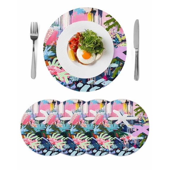 Round Placemats Abstract Art 15 inch Set of 4 Table Mats for Dining Table Colorful Plants Heat Resistant Non-Slip Kitchen & Home Decorative Place Mat Set