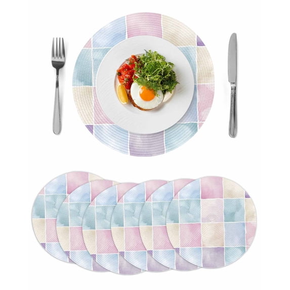 Round Placemats Abstract Art 15 inch Set of 6 Table Mats for Dining Table Watercolor Checkered Heat Resistant Non-Slip Kitchen & Home Decorative Place Mat Set