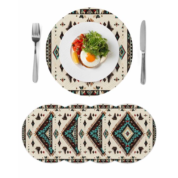 Round Placemats Abstract Green off White Geometric 15 inch Set of 4 Table Mats for Dining Table Retro Ethnic Style Heat Resistant Non-Slip Kitchen & Home Decorative Place Mat Set