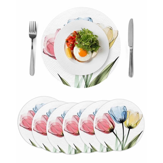 Round Placemats Abstract Tulips Floral Leaf 15 inch Set of 6 Table Mats for Dining Table Blue Yellow Pink Flowers Heat Resistant Non-Slip Kitchen & Home Decorative Place Mat Set