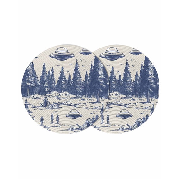 Round Placemats Abstract UFO Forest 15 inch Set of 2 Table Mats for Dining Table Blue Painting Heat Resistant Non-Slip Kitchen & Home Decorative Place Mat Set