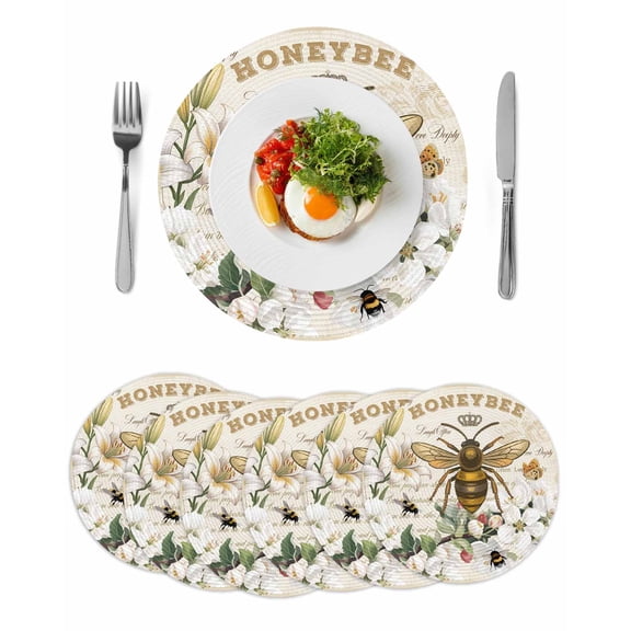 Round Placemats Bees Flowers 15 inch Set of 6 Table Mats for Dining Table Lily Flower Pear Blossom Floral Crown Retro Heat Resistant Non-Slip Kitchen & Home Decorative Place Mat Set