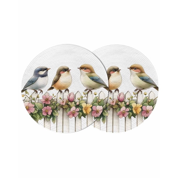 Round Placemats Birds Flowers Fence 15 inch Set of 2 Table Mats for Dining Table Watercolor Floral Leaves Heat Resistant Non-Slip Kitchen & Home Decorative Place Mat Set