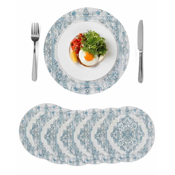 Round Placemats Blue Boho Tribal 15 inch Set of 6 Table Mats for Dining Table Retro Bohemian Ethnic Style Heat Resistant Non-Slip Kitchen & Home Decorative Place Mat Set