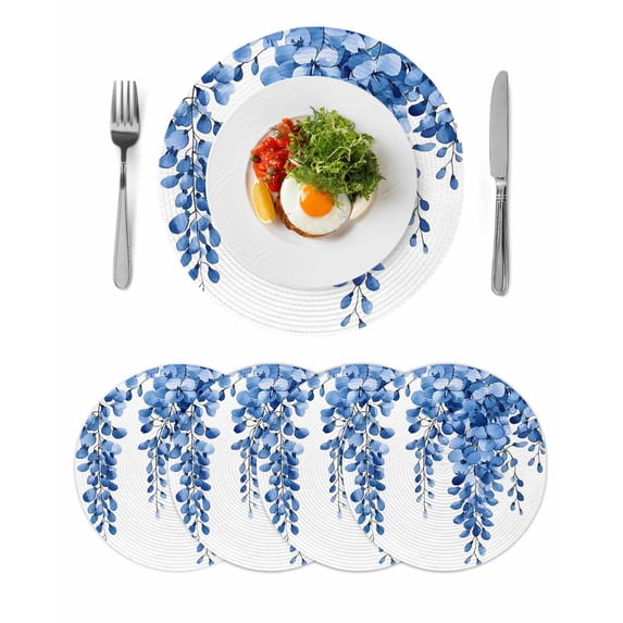 Round Placemats Blue Eucalyptus Leaves 15 inch Set of 4 Table Mats for Dining Table Watercolor Plant Heat Resistant Non-Slip Kitchen & Home Decorative Place Mat Set