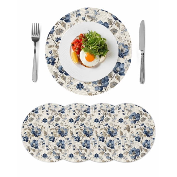 Round Placemats Blue Flower 15 inch Set of 4 Table Mats for Dining Table Watercolor Floral Heat Resistant Non-Slip Kitchen & Home Decorative Place Mat Set