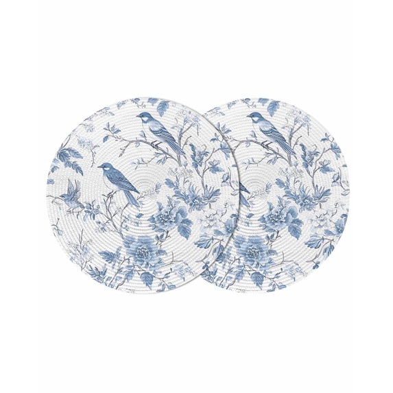 Round Placemats Blue Flowers 15 inch Set of 2 Table Mats for Dining Table Tree Branch Bird Heat Resistant Non-Slip Kitchen & Home Decorative Place Mat Set
