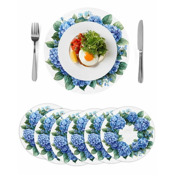 Round Placemats Blue Hydrangea Wreath 15 inch Set of 6 Table Mats for Dining Table Watercolor Flower Heat Resistant Non-Slip Kitchen & Home Decorative Place Mat Set