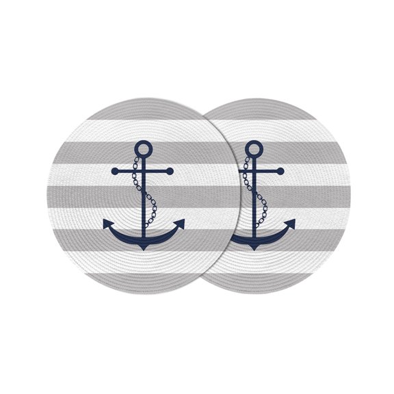 Round Placemats Blue Nautical Anchor Chain 15 inch Set of 2 Table Mats for Dining Table Gray and White Stripes Heat Resistant Non-Slip Kitchen & Home Decorative Place Mat Set