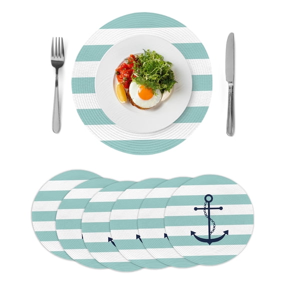 Round Placemats Blue Nautical Anchor Chain 15 inch Set of 6 Table Mats for Dining Table Teal Green Stripes Heat Resistant Non-Slip Kitchen & Home Decorative Place Mat Set