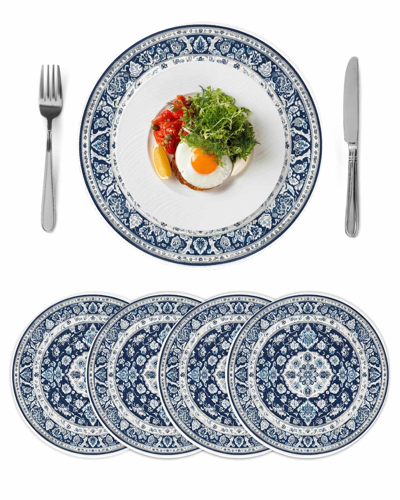 Round Placemats Bohemian White Blue Floral 15 inch Set of 4 Table Mats for Dining Table Vintage Ethnic Heat Resistant Non-Slip Kitchen & Home Decorative Place Mat Set