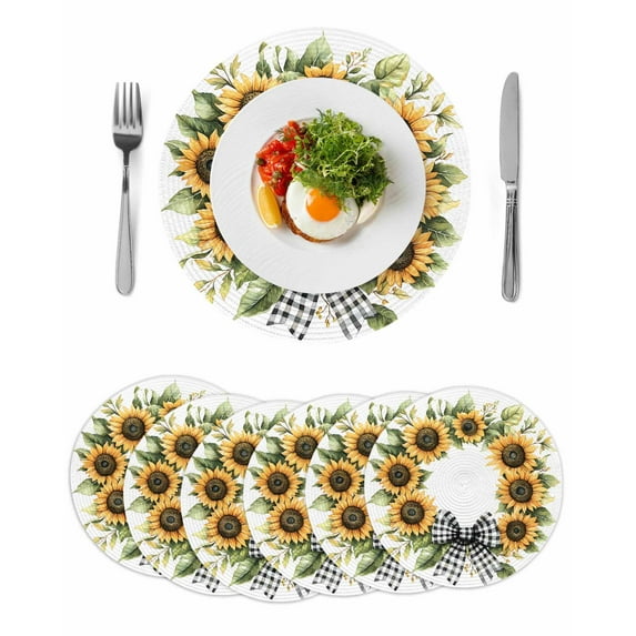 Round Placemats Bow Sunflower Wreath 15 inch Set of 6 Table Mats for Dining Table Spring Flower Heat Resistant Non-Slip Kitchen & Home Decorative Place Mat Set