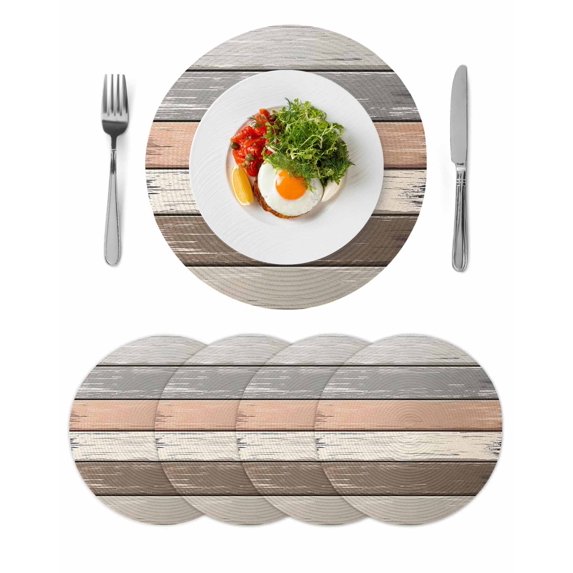Round Placemats Brown Beige Stripes 15 inch Set of 4 Table Mats for Dining Table Wood Background Heat Resistant Non-Slip Kitchen & Home Decorative Place Mat Set