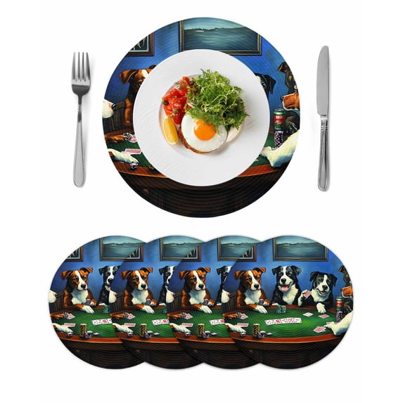 Round Placemats Cartoon Dog Playing Cards 15 inch Set of 4 Table Mats for Dining Table Games Heat Resistant Non-Slip Kitchen & Home Decorative Place Mat Set