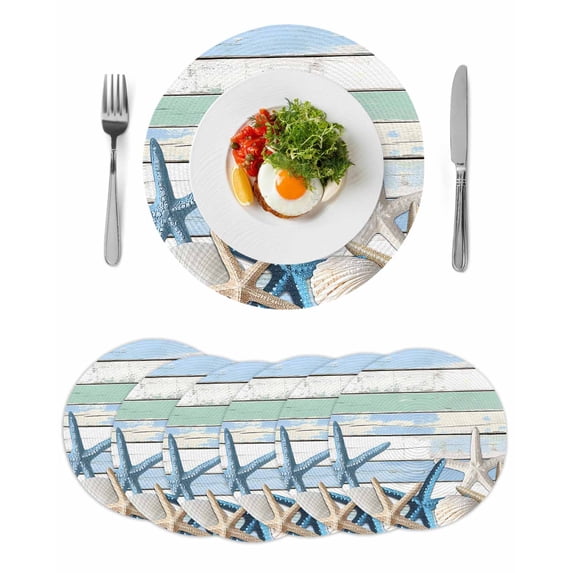 Round Placemats Coastal Blue White Starfish Shell 15 inch Set of 6 Table Mats for Dining Table Wood Grain Heat Resistant Non-Slip Kitchen & Home Decorative Place Mat Set