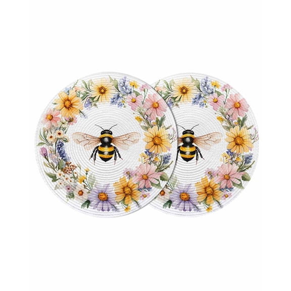 Round Placemats Colorful Daisy Wreath Bees 15 inch Set of 2 Table Mats for Dining Table Watercolor Art Heat Resistant Non-Slip Kitchen & Home Decorative Place Mat Set