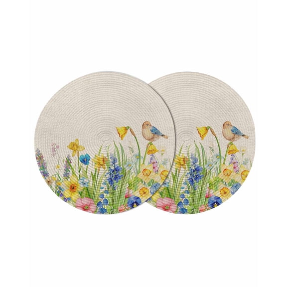 Round Placemats Floral Bird Plant 15 inch Set of 2 Table Mats for Dining Table Spring Summer Flowers Heat Resistant Non-Slip Kitchen & Home Decorative Place Mat Set