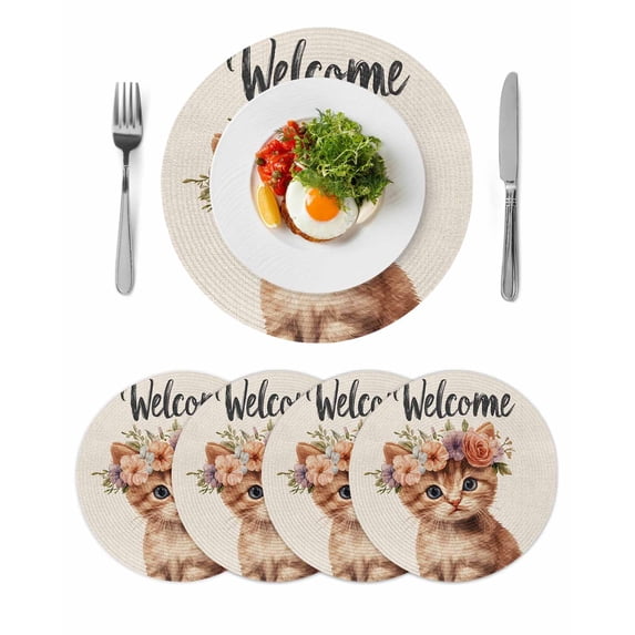 Round Placemats Flower Wreath Cat 15 inch Set of 4 Table Mats for Dining Table Welcome Spring Heat Resistant Non-Slip Kitchen & Home Decorative Place Mat Set