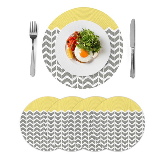 Round Placemats Geometric Chevron Yellow 15 inch Set of 4 Table Mats for Dining Table White and Gray Stripes Heat Resistant Non-Slip Kitchen & Home Decorative Place Mat Set
