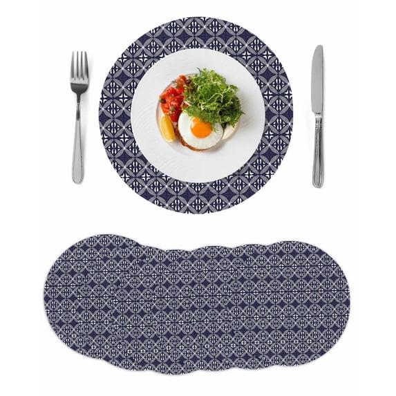 Round Placemats Geometric Floral 15 inch Set of 6 Table Mats for Dining Table Abstract Vintage Blue Heat Resistant Non-Slip Kitchen & Home Decorative Place Mat Set